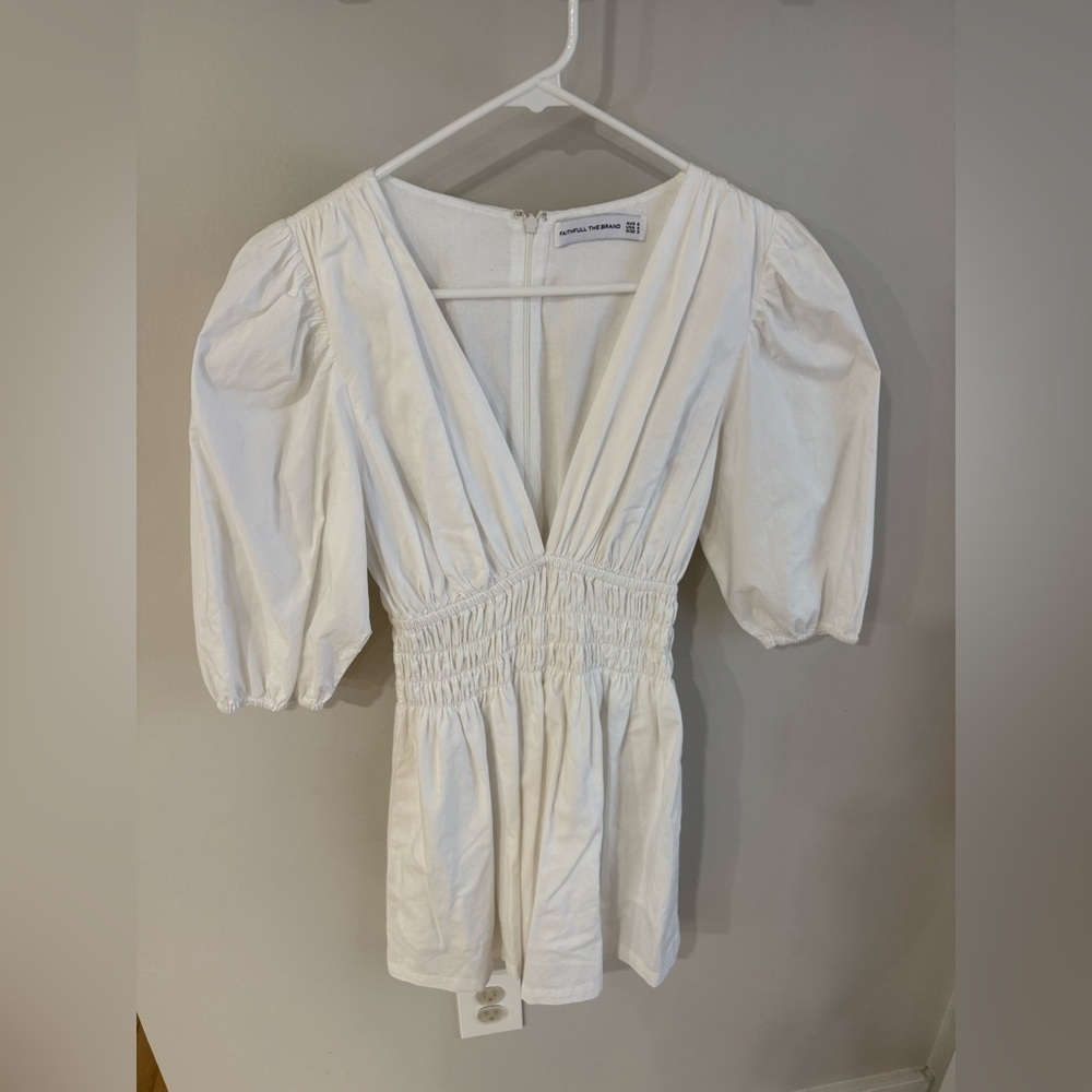 Faithful the Brand Valledoria Puff Sleeve V-neck Mini Dress - White - US Size 4 - Picture 8 of 15